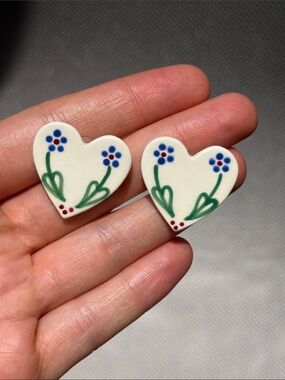 Hand-Painted White Heart Earrings with Blue Flowers